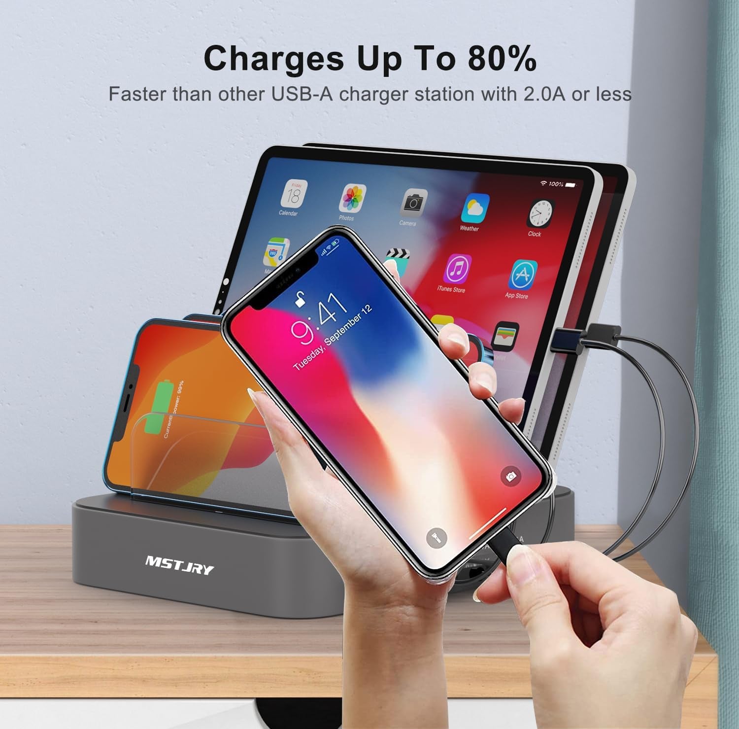 Charging Station for Multiple Devices: Valentines Day Gifts for Her Him - 5 Port USB-A Charging Dock Charger Stations Designed for Iphone Ipad Cell Phone Tablets (7 Short Cables Included)