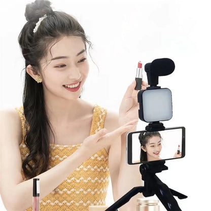 Smartphone Vlogging Kit with Tripod Phone Holder Mini Microphone LED Fill Light Starter for Tiktok Live Stream Video Youtube