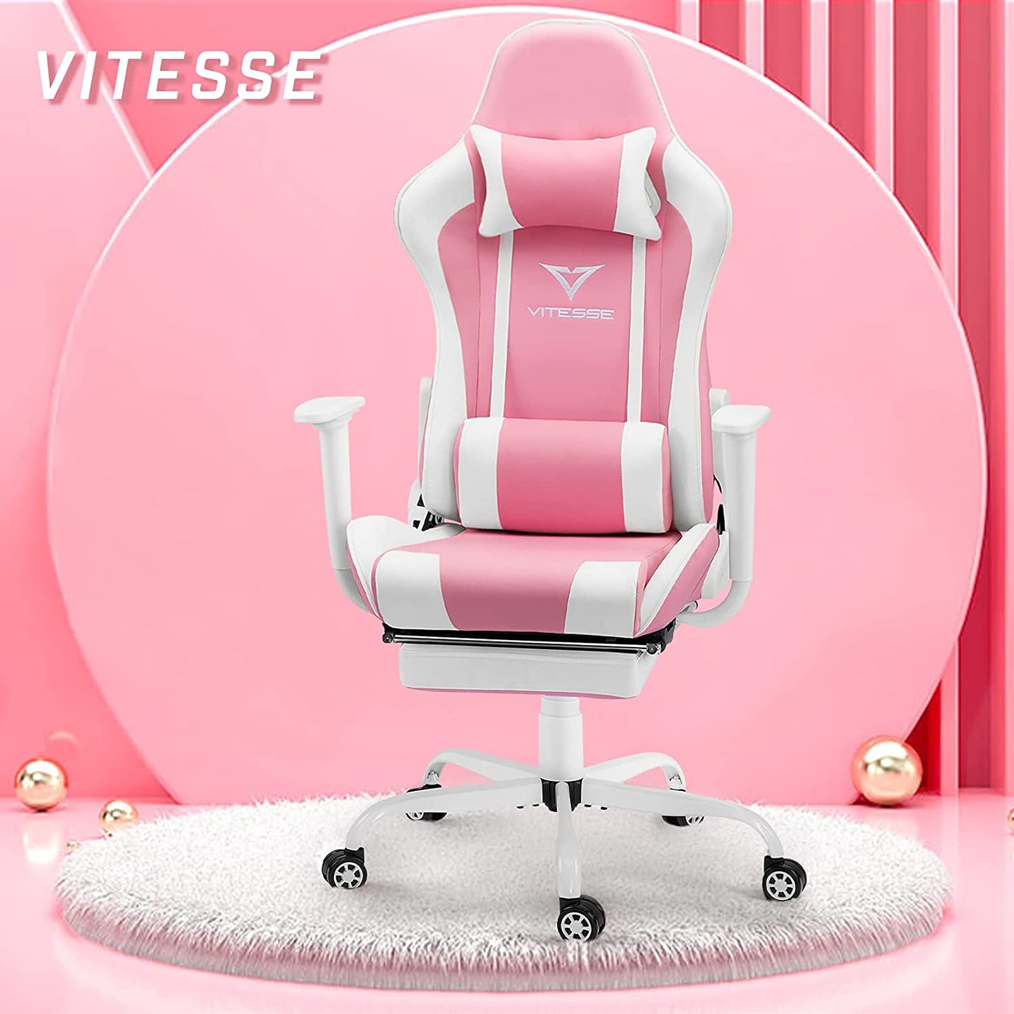 Pink Gaming Chair with Footrest Cute Kawaii Gaming Chair for Girl Gamer Chair Ergonomic Office Desk Chair Racing Chair Adjustable High Back Chair with Lumbar Support and Headrest,Pink/White