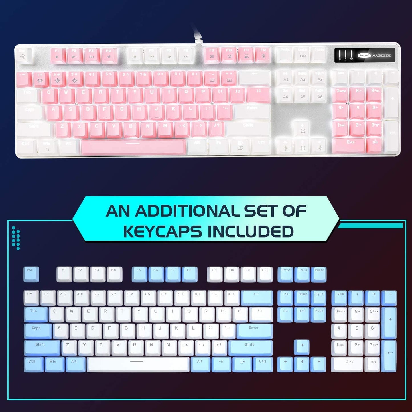 Mechanical Gaming Keyboard,  New Upgraded Blue Switch 104 Keys White Backlit Keyboards, USB Wired Mechanical Computer Keyboard for Laptop, Desktop, PC Gamers(White & Pink)