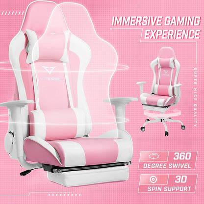 Pink Gaming Chair with Footrest Cute Kawaii Gaming Chair for Girl Gamer Chair Ergonomic Office Desk Chair Racing Chair Adjustable High Back Chair with Lumbar Support and Headrest,Pink/White