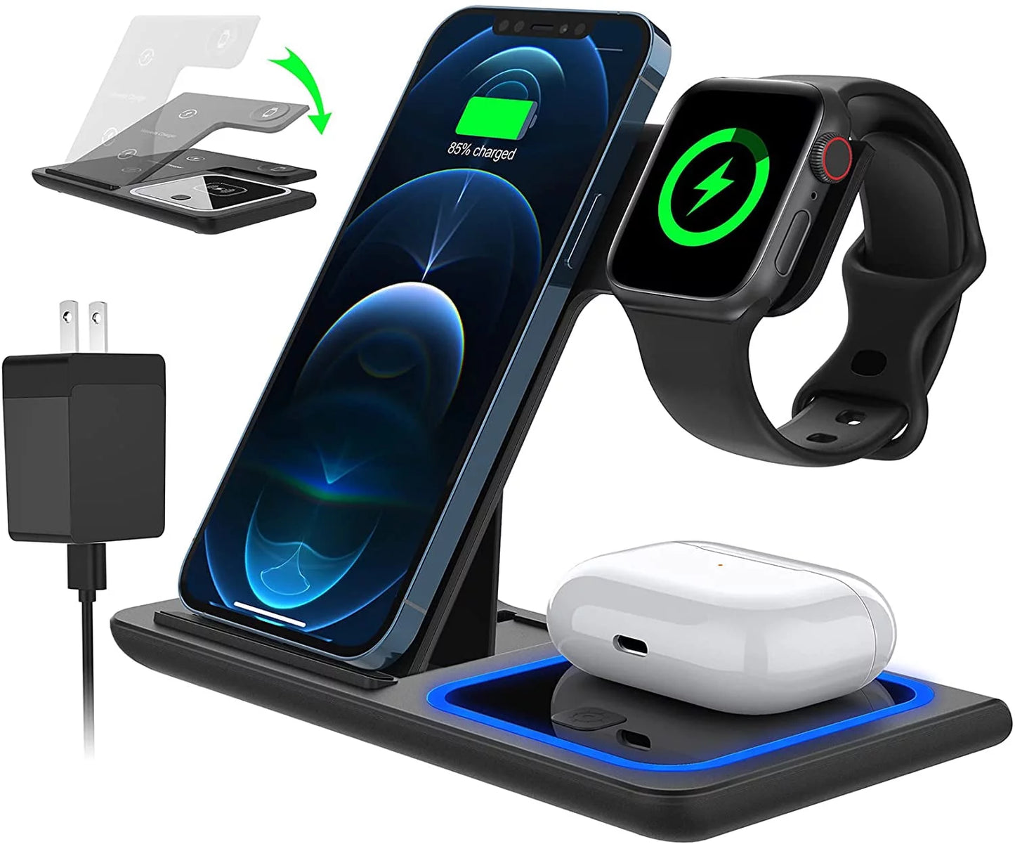 2024 Upgraded Wireless Charging Station, 18W 3 in 1 Charger Station, Fast Charging Dock Stand for Iwatch Series 10/9/8/7/6/SE/5/4/3/2, Compatible with Iphone 16 15 14 13 12 11 Pro/Xs/Samsung & Airpod