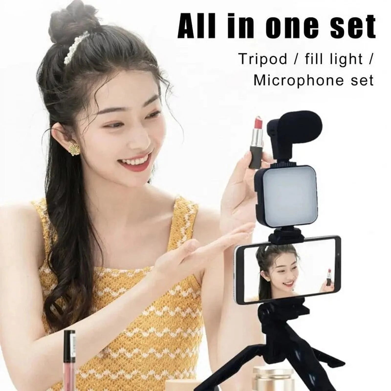 Smartphone Vlogging Kit with Tripod Phone Holder Mini Microphone LED Fill Light Starter for Tiktok Live Stream Video Youtube